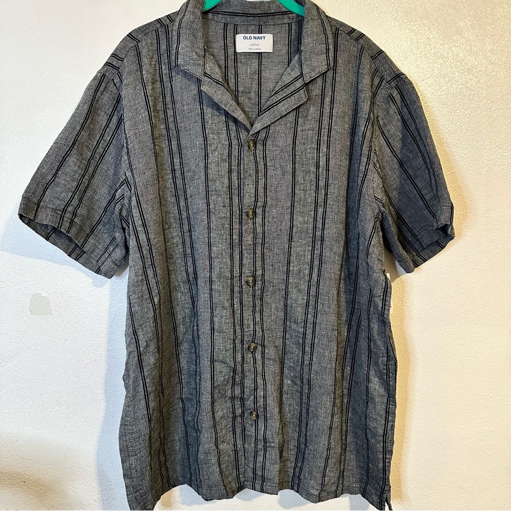 NEW Old Navy Linen Blend Button Down, Short-sleeve, Gray & Black, Striped Shirt